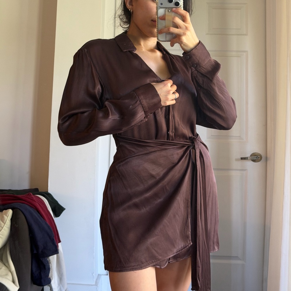 Romantic draped Feminine Chocolate Brown Satin Wrap Dress Zara size M